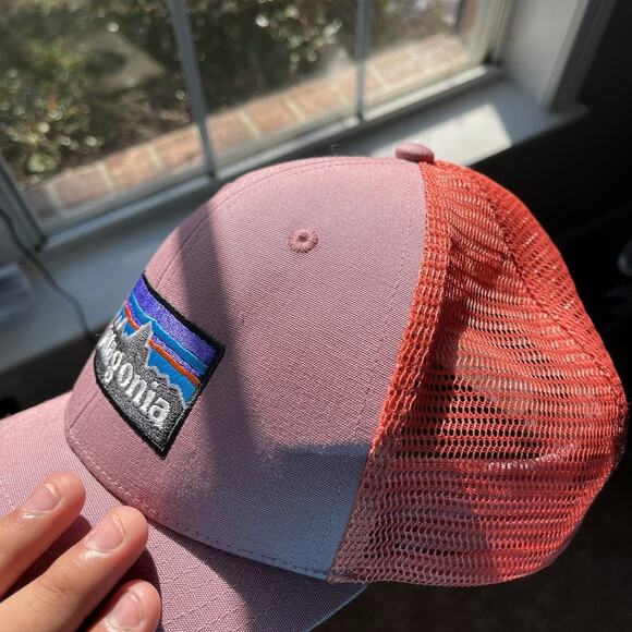 Patagonia P-6 Mesh Trucker Hat Adjustable Snapback Orange Pink Cap Patch Logo - Picture 11 of 11